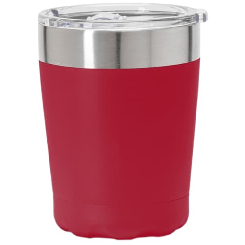 Custom branded insulated coffee cups in red with spill-proof lid from Total Merchandise