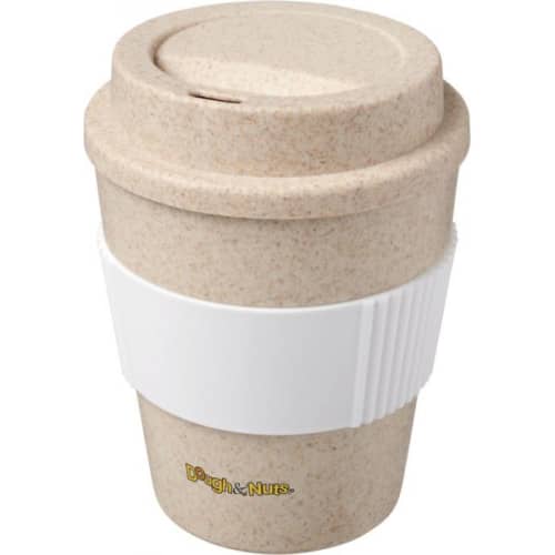 Promotional Wheat Straw Coffee Cup with White coloured sleeve & printed logo by Total Merchandise