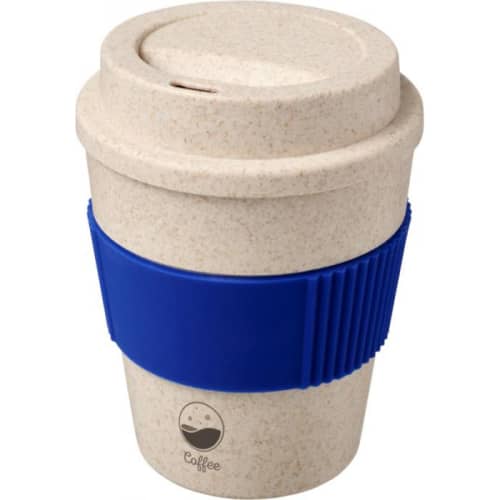 Corporate branded PP & Wheat Straw Reusab;e Coffee Cups with blue coloured sleeve