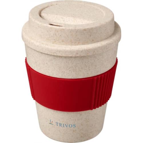 Promotional Wheat Straw Coffee Cups with red coloured sleeve from Total Merchandise