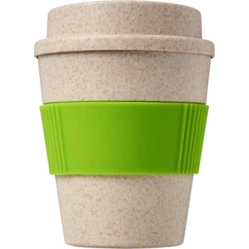 Branded Wheat Straw Coffee Cup with lime sleeve printed with your company logo by Total Merchandise