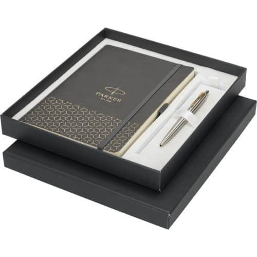 Promotional Parker Gift Set with A5 Notebook embossed with your design by Total Merchandise