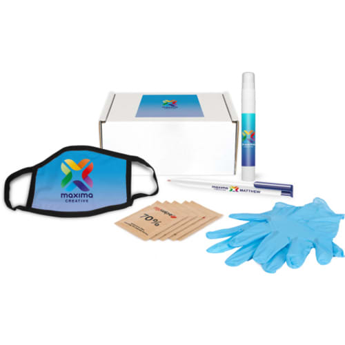 Promotional Hygiene Starter Box with printed hygiene items in a branded box by Total Merchandise