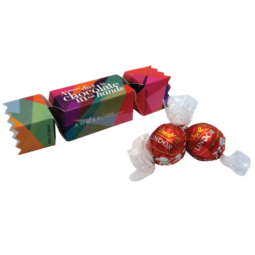 Logo Branded Lindor Truffles Mini Christmas Cracker in White printed with your logo in full colour