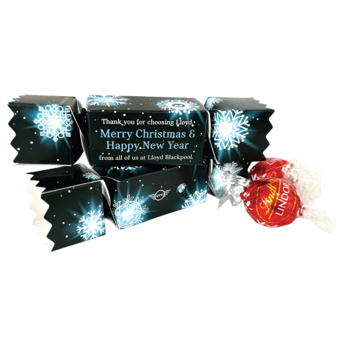 Custom Branded Lindor Truffles Mini Christmas Cracker in White printed with your logo in full colour