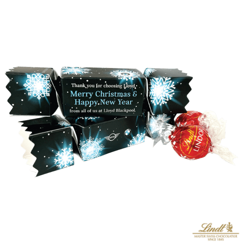 Custom Branded Lindor Truffles Mini Christmas Cracker in White printed with your logo in full colour