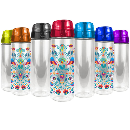 Vegas Tritan Water Bottles with clear body and coloured lid printed with logo by Total Merchandise
