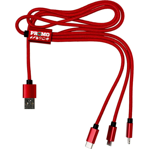 Printed 3 In 1 Charging Cables in Red printed with your logo by Total Merchandise