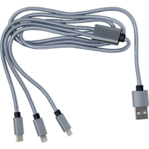 Printed 3 In 1 Charging Cables in Silver printed with your logo by Total Merchandise