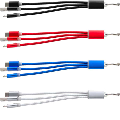 Branded Aluminium Cable Set Keyrings in 4 colours printed with your logo by Total Merchandise