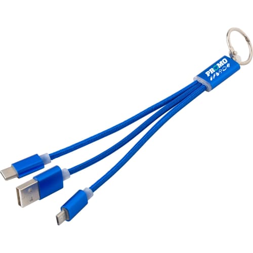 Promotional Aluminium Cable Set Keyring in Cobalt Blue printed with your logo by Total Merchandise