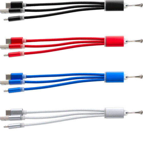 Branded Aluminium Cable Set Keyrings in 4 colours printed with your logo by Total Merchandise