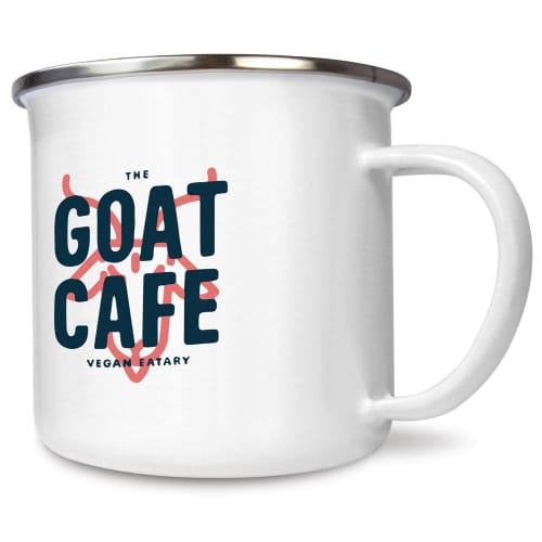 Branded Steel Rim 10oz Premium Enamel Mugs in White/Steel with print on front by Total Merchandise