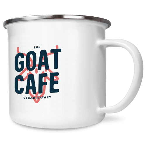 Branded Steel Rim 10oz Premium Enamel Mugs in White/Steel with print on front by Total Merchandise