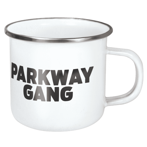 Printed Steel Rim 10oz Premium Enamel Mugs in White/Steel with custom printing by Total Merchandise