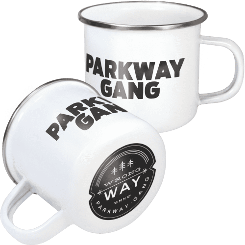 Promotional Steel Rim 10oz Premium Enamel Mugs in White/Steel colour with print by Total Merchandise