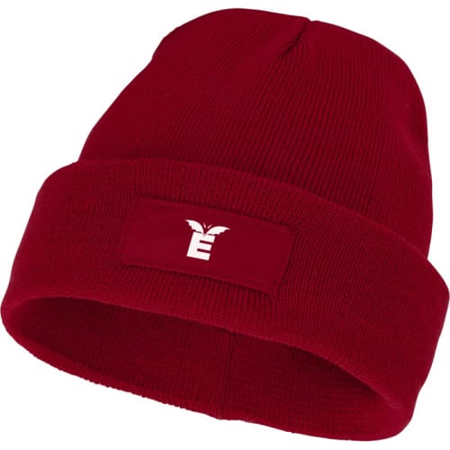 Promotional logo printed Beanie with Patch available in red from Total Merchandise