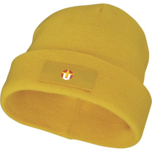 Logo printed Beanie with Patch available in yellow from Total Merchandise