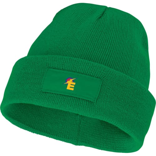 Custom logo printed Beanie with Patch available in fern green from Total Merchandise