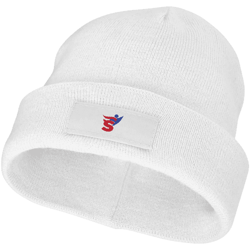 Custom logo branded Beanie with Patch available in white from Total Merchandise