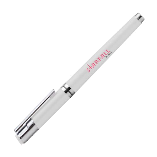 Branded Soft Touch Gel Ballpoint Pens in White with custom printed design by Total Merchandise