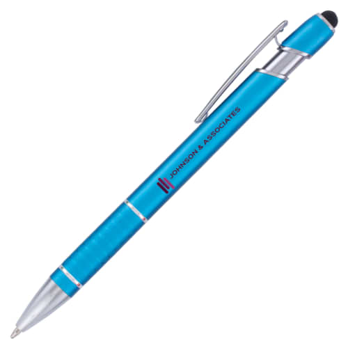 Branded Prince Matte Stylus Pens in light blue with design printed on barrel by Total Merchandise