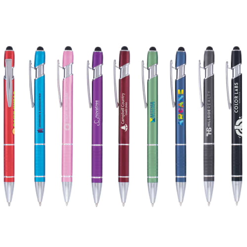 Group shot of Prince Matte Stylus Pens in 9 colours with printed company logo by Total Merchandise