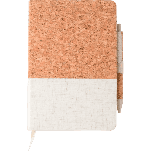Promotional Cork & Linen Notebook and Pen Sets in Brown/White with branding by Total Merchandise