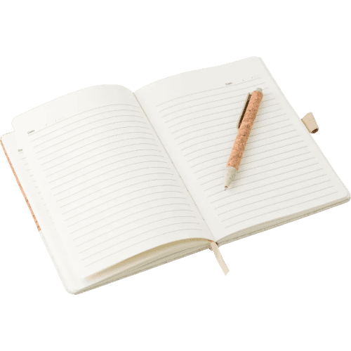 Branded Cork & Linen Notebook and Pen Sets in Brown/White opened up by Total Merchandise