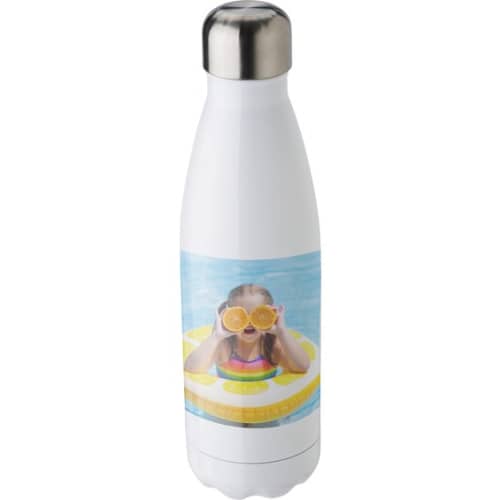 Promotional Full Colour Double-walled Metal Bottle in white printed with design by Total Merchandise