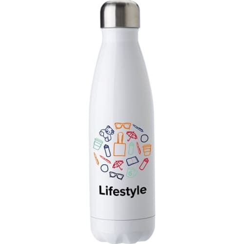 Customised Full Colour Double-walled Metal Bottles in white with printed design by Total Merchandise