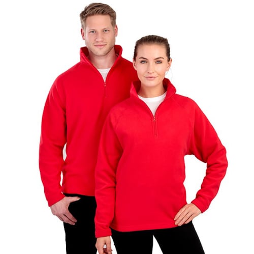 Custom embroidered Half Zip Fleece Jumpers in red worn by a man and woman by Total Merchandise