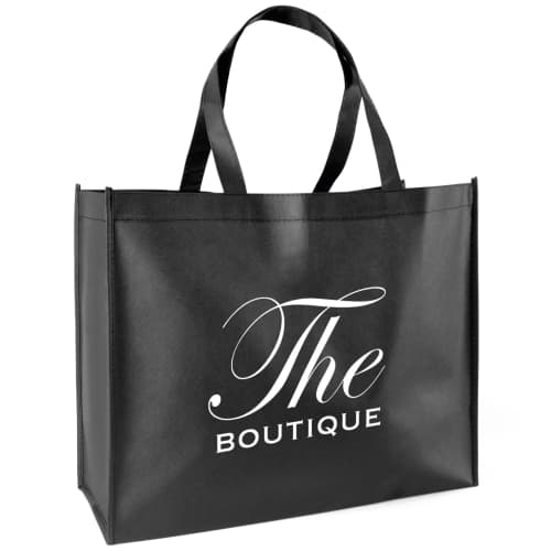 Printed Eco-Friendly Non-Woven Shopper Bags in black with company logo on front by Total Merchandise