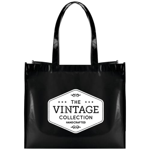 Branded Laminated Shopping Bags in black with printed design on front by Total MErchandise