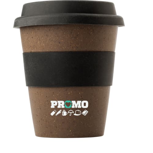 Branded Coffee Fibre Reusable Coffee Cups in brown & black printed with a logo by Total Merchandise