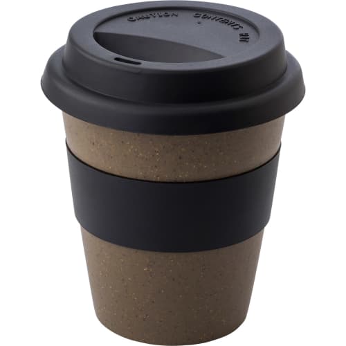 Printable Coffee Fibre Travel Mugs in brown with silicone lid and band by Total Merchandise