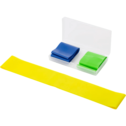 Three custom printed Elastic Fitness Bands supplied in a box with a logo from Total Merchandise