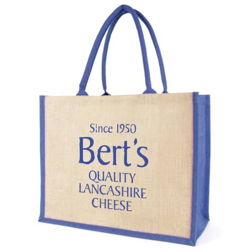 Custom branded Chow Coloured Large Jute Bags in Natural/Blue printed with your company logo