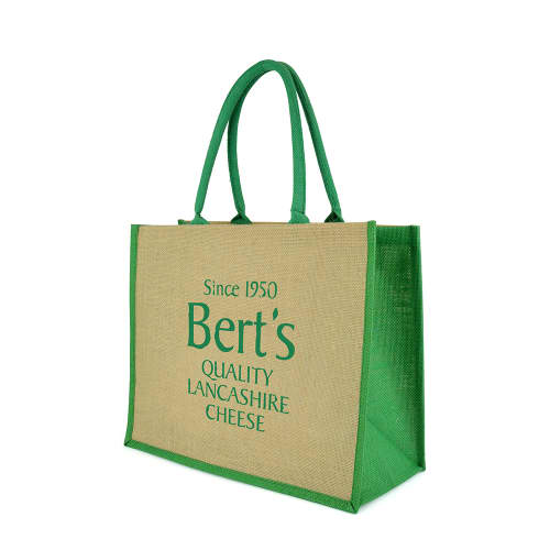 Personalisable Chow Coloured Large Jute Bags in Natural/Green printed with your company logo