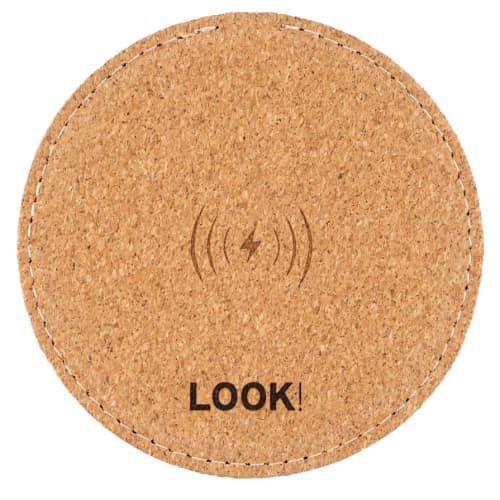 Promotional Oaky Wireless Charger made using cork with a logo on top by Total Merchandise