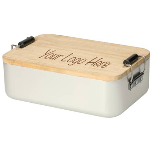 Promotional Aluminium & Bamboo Lunch Boxes in Silver/Natural to be branded by Total Merchandise