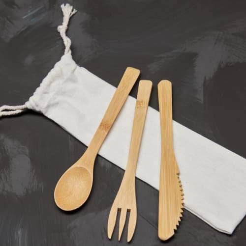 Promotional Bamboo Cutlery Set in natural colour in a white cotton sleeve by Total Merchandise