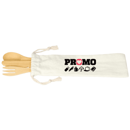 Branded Bamboo Cutlery Set in natural colour printed with logos by Total Merchandise