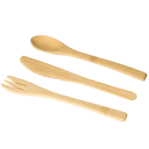 Promotional Reusable Cutlery Set made from bamboo in a cotton sleeve by Total Merchandise