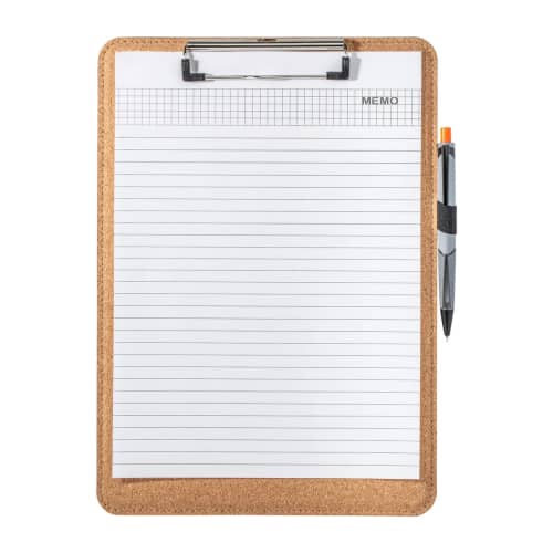 Corporate branded Cork Clipboard in light brown colour with paper clipped in by Total Merchandise