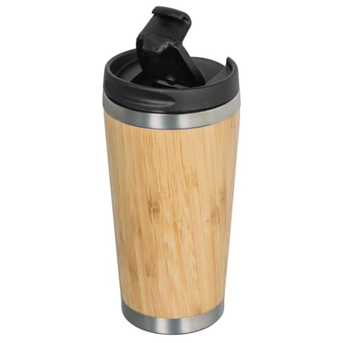 Custom engraved bamboo thermal mugs in light brown with open black lid by Total Merchandise