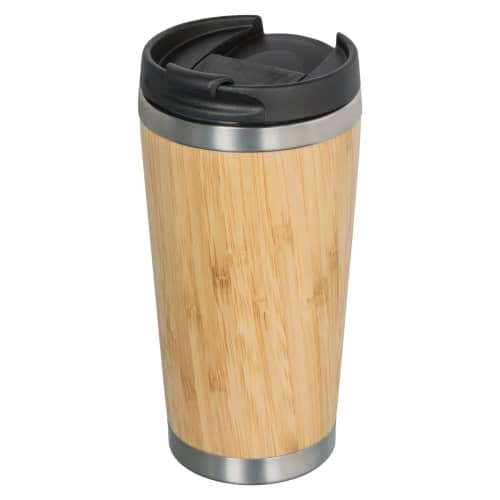 Branded Bamboo Travel Mugs in light brown colour with closed black lid by Total Merchandise