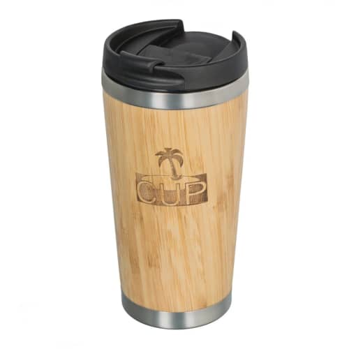 Custom Engraved Bamboo Travel Mugs in light brown colour with a custom logo by Total Merchandise