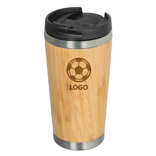 Branded Talca Bamboo Travel Mugs in light brown with engraved logo by Total Merchandise