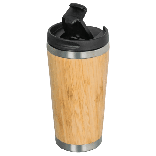Custom engraved bamboo thermal mugs in light brown with open black lid by Total Merchandise